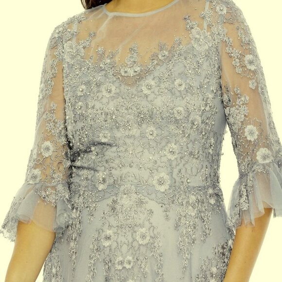 Mac Duggal Platinum Gray Beaded Embroidered Floral A-Line Gown - Picture 5 of 6